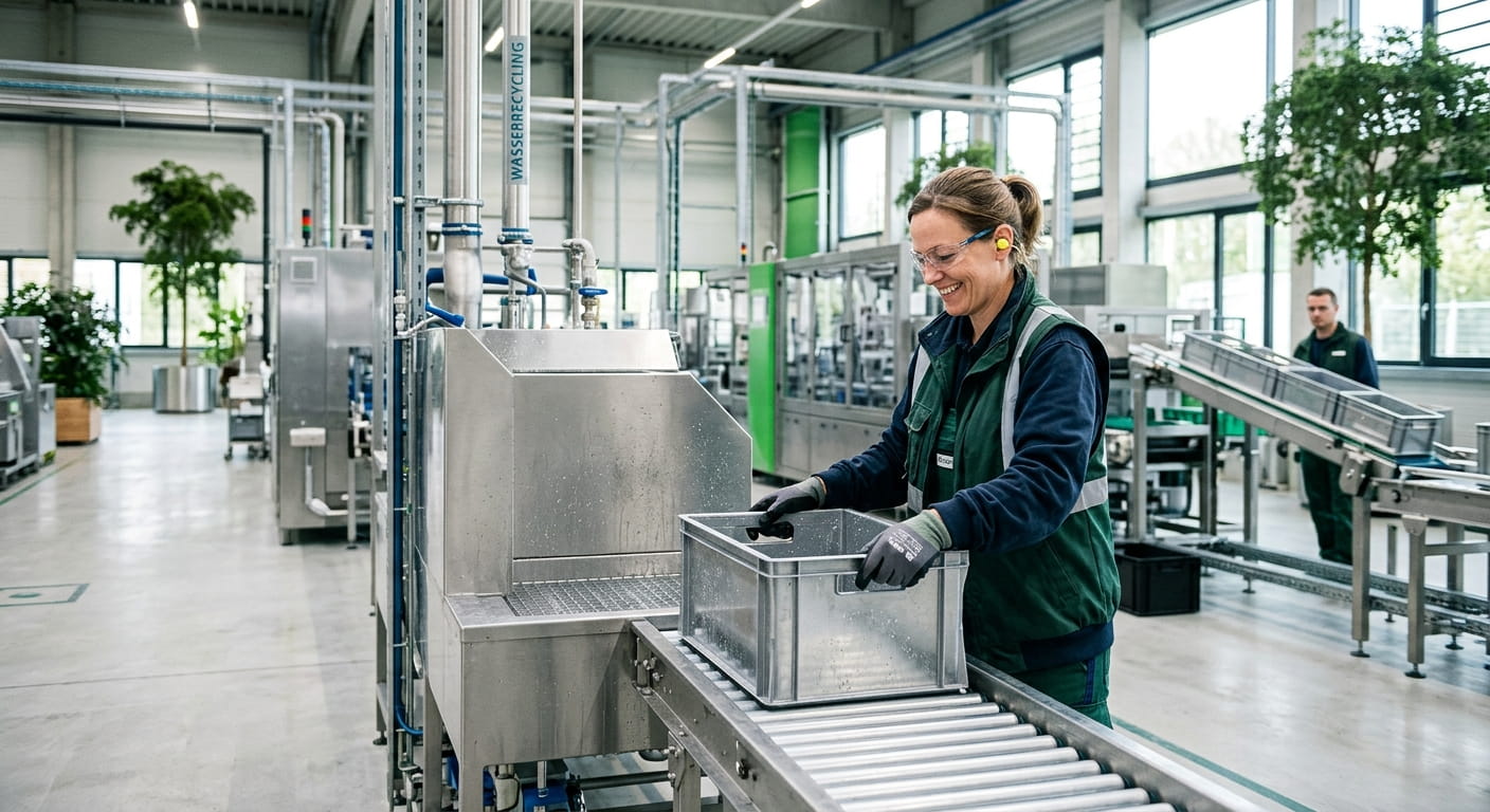 Glückliche Arbeiterin Effiziente Hygieneprozesse in der nachhaltigen Industrieproduktion